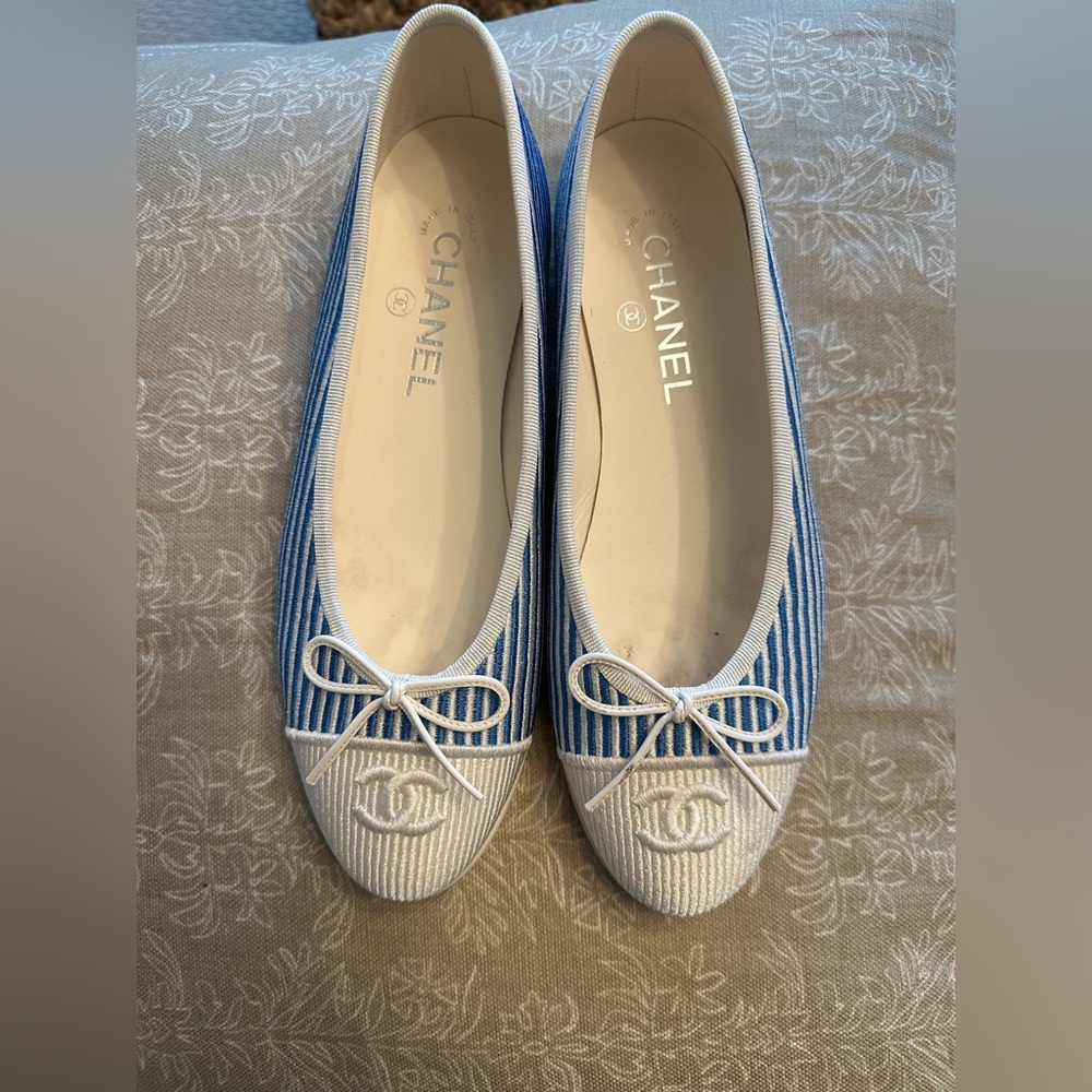 Chanel Resort Collection blue and white striped ballet flats